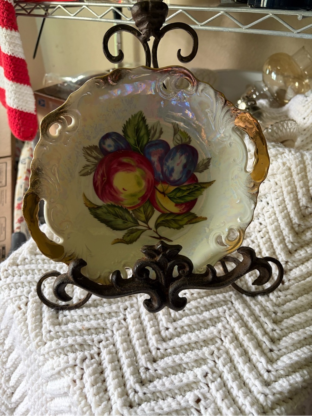 Hand-Painted Fruit Porcelain Serving Bowl with Gold Trim